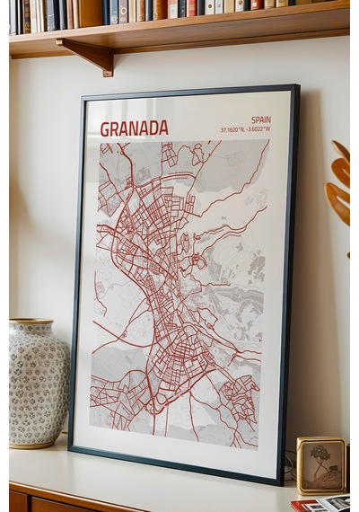 Granada İspanya Spain Haritası Çerçeveli Tablo Lüks Salon Ofis Duvar Dekorasyonu Hediyelik Tablo
