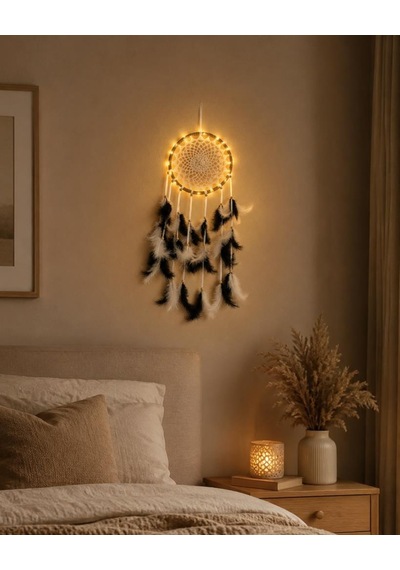 Düş Kapanı Led Işıklı Siyah Beyaz Tüylü El Yapımı Bohem Duvar Süsü 22 Cm Çap 60 Cm