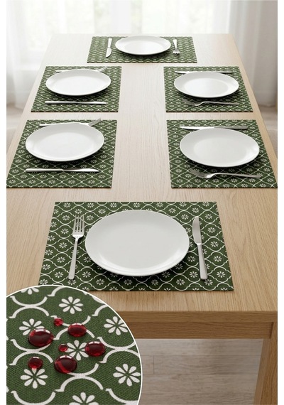 Yeşil Çiçekli Amerikan Servis 6'lı Set Leke Tutmaz Dikdörtgen Kumaş Supla Tabak Altlığı 35x45