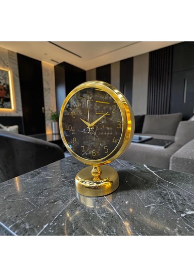 Gold Marble Masa Saati Altın Çerçeveli Siyah Mermer Desenli Modern Lüks Dekoratif Saat Altın