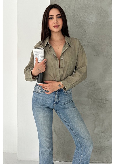 Sim Detaylı Kırışık Görünüm Oversize Gömlek Breeze haki