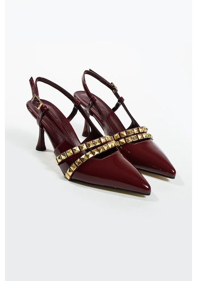 Duxal Shoes Davin Zımbalı Detay Bilek Bağlı Arkası Açık Kadın Klasik Topuklu Ayakkabı Bordo