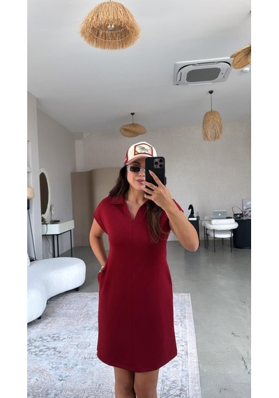 Hazego Kadın Polo Yaka Mini Elbise Bordo