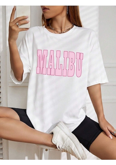 Malibu T-shirt - Beyaz Baskılı Oversize Bisiklet Yaka Kısa Kol Tişört Beyaz