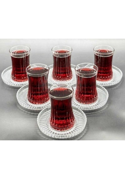 Elysia Çay Bardağı 6 Kişilik 12 Parça Riva Tabaklı Çay Takımı Seti Şeffaf