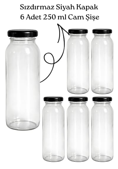 Cam Şişe 250 Ml 6 Lı Kapaklı Meyve Suyu, Smoothie, Limonata, Detoks, Mini Kavanoz