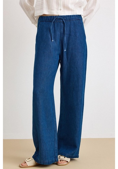 Olcay Beli Lastikli Rahat Kesim Soft Denim Pantolon Koyu Mavi 7587