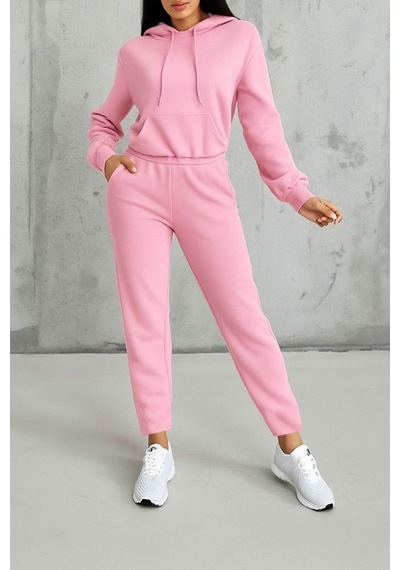 Ahes Shopping Kadın Uzun Kollu Kapşonlu Bağcıklı Üç Iplik Bluz Ve Pantolon Ikili Takım Pembe