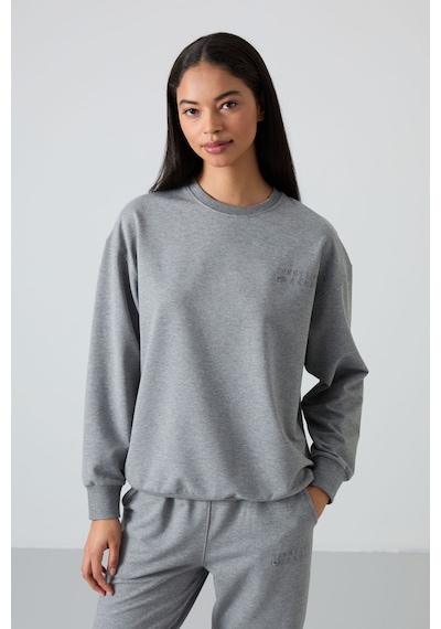 Tommy Life Gri Melanj Basic Pamuklu O Yaka Oversize Lastik Paça Kadın Eşofman Takım - 95287 GRİ MELANJ