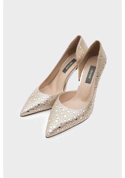 Derinet Taşlı Dekolteli Kadın Stiletto Altın Altın