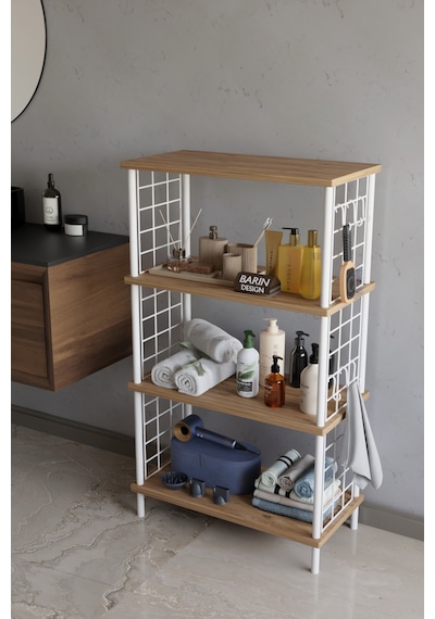 4 Katlı Çevir Kur Beyaz Metal Telli Banyo Rafı Çok Amaçlı Düzenleyici, Organizer Stand Banyo Dolabı Atlantik Çam