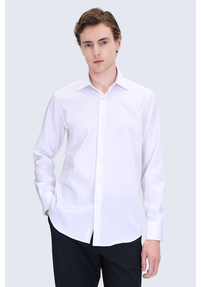 Hatemoğlu Beyaz Comfort Fit Slim Yaka Uzun Kollu Non Iron Saten Gömlek