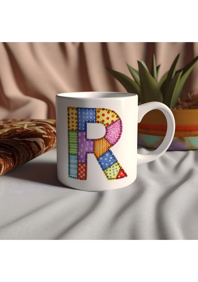 R Harfi Renkli Yamalı Tasarım Kupa Bardak - Bohem Patchwork Desenli Kupa - Etnik Hediyelik Beyaz