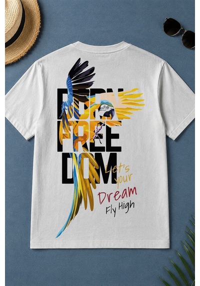 Spoyi Born Freedom Tasarımlı %100 Pamuk Yarım Oversize Beyaz T-shirt