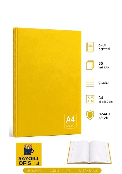 Saygılıofis 80 Yaprak A4 Dikişli Düz Pp Kapak Çizgili Defter Sarı