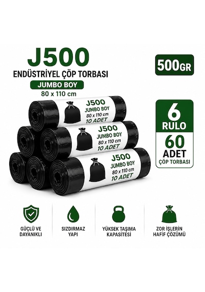 80x110 Cm 500 Gr Jumbo Boy Endüstriyel Boy Çöp Torbası - Sızdırmaz Yıldız Dip Kaynaklı 6 Rulo / 60 Adet