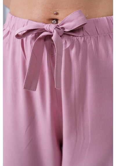 Polologin Butik Beli Bağcıklı Yüksek Bel Bol Paça Pudra Pantolon Pembe