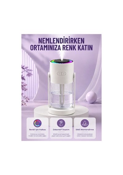 Astraltech Sessiz Hava Nemlendirici Renkli Gece Işıklı Otomatik Kapanma Özellikli Nemlendirme Cihazı