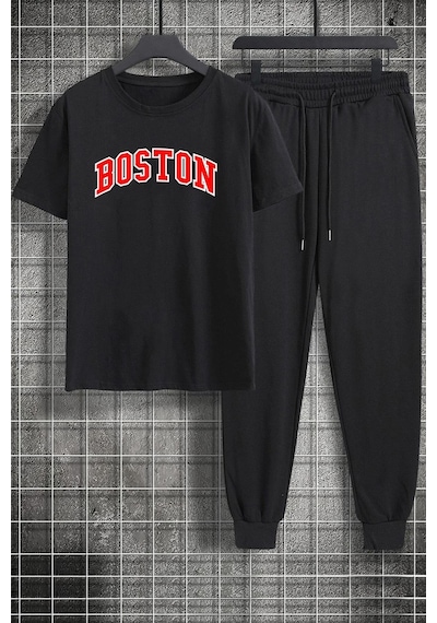 Uyguntarz Unisex Boston Baskılı 2'li Eşofman Takımı Siyah