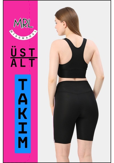 Missmaral Kadın Siyah Takım Alt-üst Kısa Şort-tayt Ve Pedli Sporcu Büstiyer 2li Set Lila Biyeli Elt3043 Siyah Lila