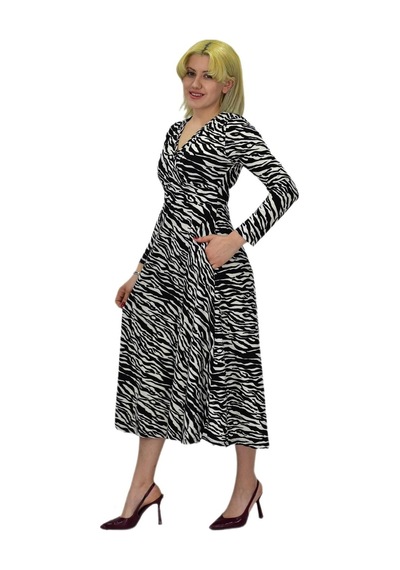 Kadın Krep Zebra Desenli V Yaka Elbise Bgl-st03537 001