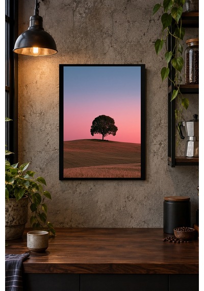 Tek Ağaçlı Pembe Ufuk Desenli Dekoratif Mdf Tablo, Çerçeve Görünümlü Ahşap Poster