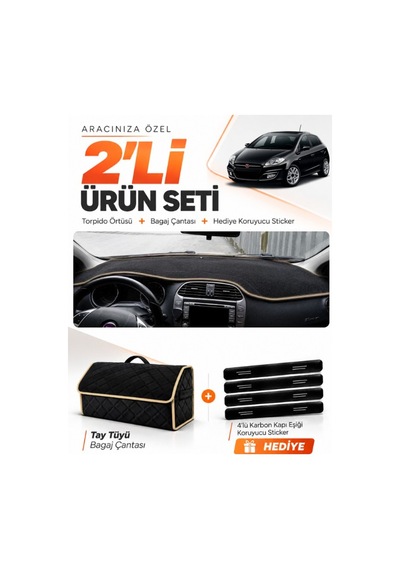 Fıat Bravo 2007-2014 Uyumlu Torpido Örtüsü + Tay Tüyü Bagaj Çantası + Sticker Seti - Siyah Bej