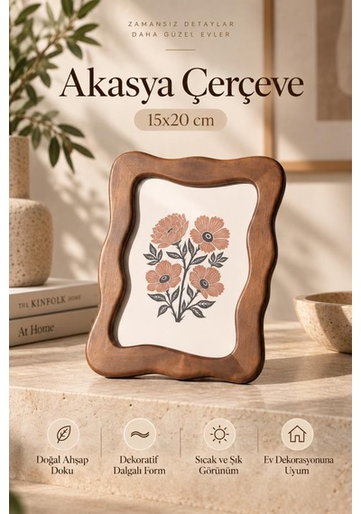 Doğal Masif Akasya Ağacı Dalgalı Fotoğraf Çerçevesi 15x20 Cm - Masa Ve Konsol Üstü Ahşap Resim Çerçevesi