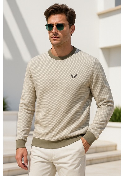 Rich Erkek Bej Kare Desenli Bisiklet Yaka Sweatshirt Bej