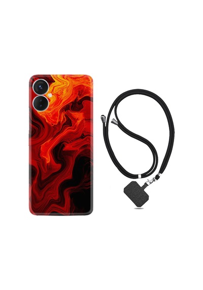 Tecno Spark 9 Pro Kılıf İpli Boyun Askılı Desenli Silikon Red Orange Zigzag 1695