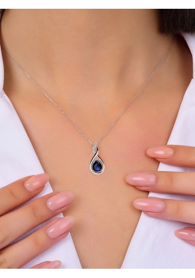 Brezza Lusso Jewelry Gümüş Su Damlası Pırlanta Model Safir Zirkon Taşlı Gümüş Kolye 45 CM