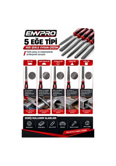 Emwpro 5 Parça Eğe Seti 200 Mm Metal Ahşap Törpüleme Ve Şekillendirme Takımı Düz Yuvarlak Yarım Yuva