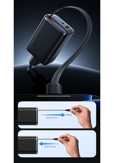 67w Gan Lcd Göstergeli Hızlı Şarj Adaptörü Dahili Type-c Kablo 1xusb Pd 1xtype-c