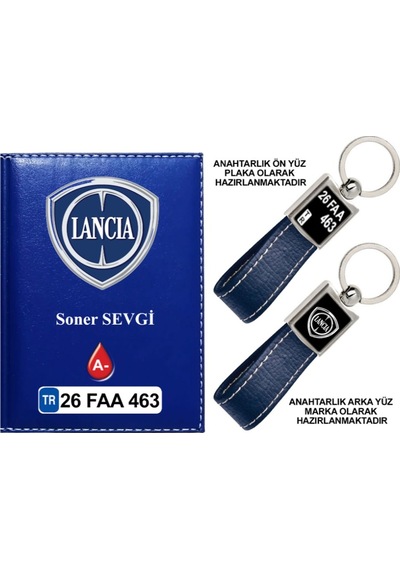Plakanıza Özel Lancia Logolu Lacivert Ruhsat Kabı Ve Anahtarlık