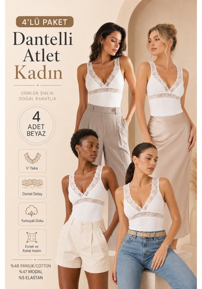 Loule Kadın 4'lü V Yaka Dantel Detaylı Atlet Beyaz Pamuklu