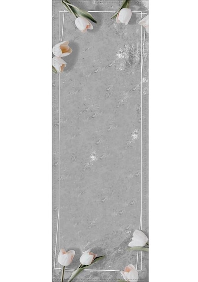 Gri Çiçek Desenli Premium Masa Örtüsü Runner Rnr462n11