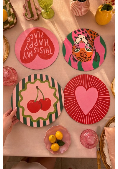 Retro & Pop Art Desenli- 4'lü Supla Set - 30 Cm, 3 Mm Mdf, Uv Baskı, Masa Sunumu Çok Renkli
