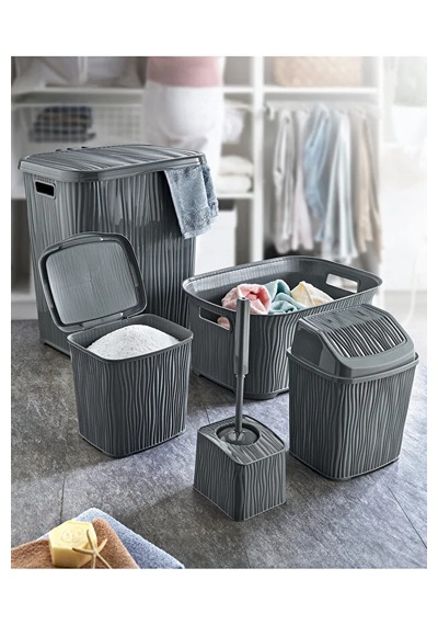 Dalgalı 5 Parça Banyo Seti Kirli Çamaşır Sepeti Deterjanlık Çöp Kovası Temiz Çamaşır Sepeti Çeyizlik Gri Gri