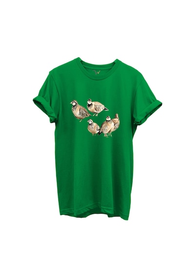 Beşli Keklik Baskılı Doğa Ve Av Temalı %100 Pamuk Regular Fit Unisex T-shirt Yeşil