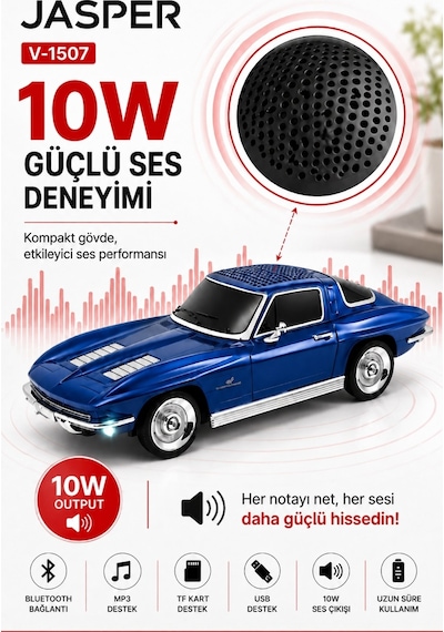 Jasper Jpr-1507 Mavi 10w Bluetooth Hoparlörlü Retro Araba Tasarım Fm Radyo, Usb, Tf Kart, Aux Ve Mp3