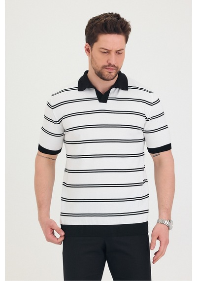 Cool Tarz Erkek Polo Yaka Beyaz Çift Çizgi Detaylı Siyah Triko T-shirt Beyaz Beyaz