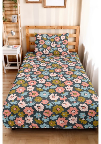 Çiçekli Antrasit Genç Odası Tek Kişilik Pike Takımı-retro Pembe Mavi 160x220cm Kapitone Yatak Örtüsü Fısıltılı Kil İzi