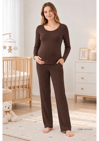 Cottonill Premium - Serene Collection Kahverengi Yüksek Bel Bol Paça Rib Dokulu Viskon Hamile Pijama Takımı
