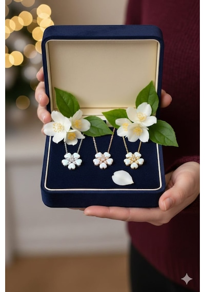 925 Ayar Papatya Silver Beyaz Kalp Opal Yasemin Çiçeği Kolye.rose.gold.rodaj Gümüş