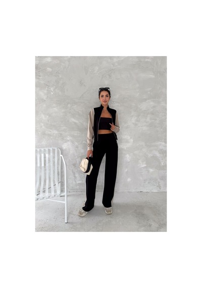 Gugus Kadın Trend Eşofman Takımı Dik Yaka Fermuarlı Bol Paça Yanları Şeritli Aysho Model Siyah-bej Gugus Kadın Trend Eşofman Takımı Dik Yaka Fermuarlı Bol Paça Yanları Şeritli Aysho Model Siyah-bej