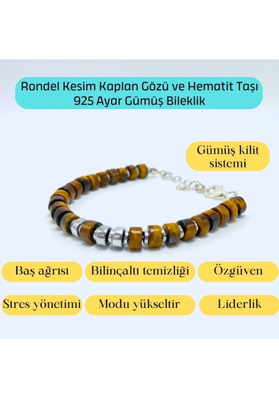 Yıldız Doğal Taş Rondel Kesim Kaplan Gözü ve Hematit Doğal Taş Gümüş Bileklik 6 MM