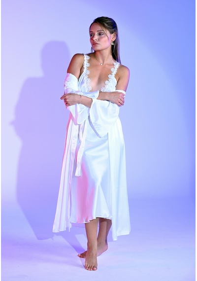 Violetta Secrets Ekru Çiçek Dantelli Saten Uzun Gecelik Ve Sabahlık Takımı Ekru