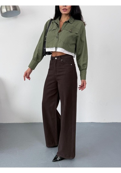 Kadın Kahverengi Baggy Jean Yüksek Bel Geniş Paça Kot Pantolon Kahverengi+baggy