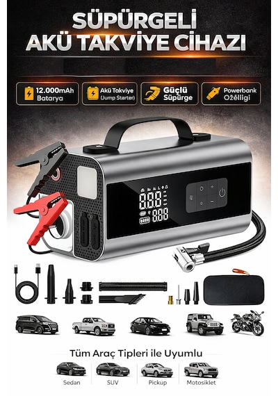 22000mah Akü Takviye Cihazı Hava Kompresörü Powerbank 5in1 Jump Starter