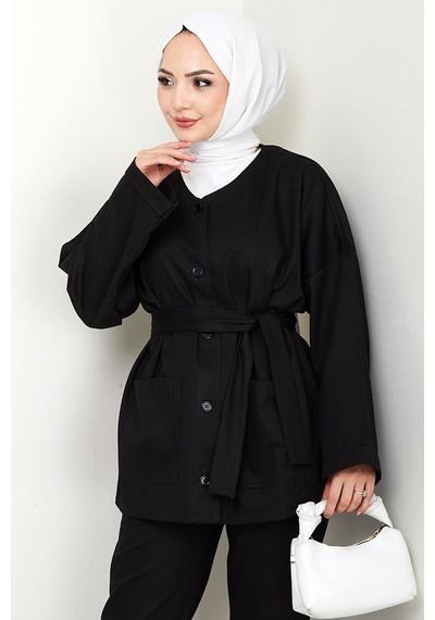 Bestenur Kemerli Ceket Pantolon Gabardin Takım 1557 - Siyah Siyah